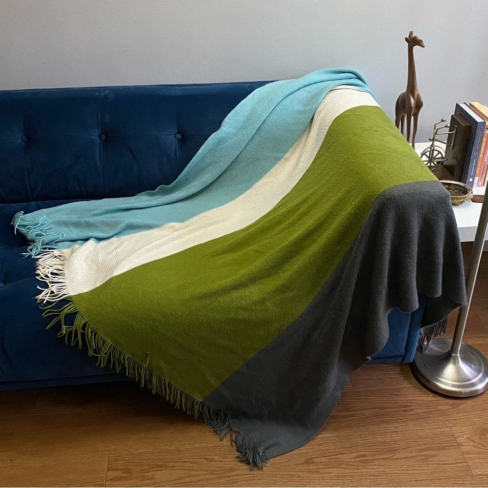 Color Block Fringed Soft Knit Throw Blanket